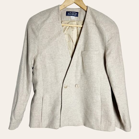 Vintage E.H. Woods Wool Blend Double Breasted Beige Blazer Jacket Size 12 - Picture 1 of 9